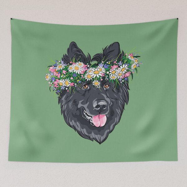 Item preview, Vector fashion Belgian Shepherd Dog, Groenendael breed in wildflowers wreath designed and sold by kavalenkavart.