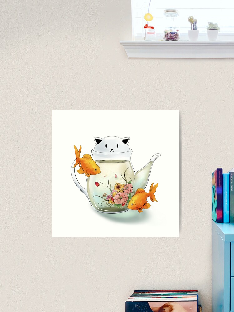 Flowering Tea in a Cat Teapot Art Print by Bloomejasmine