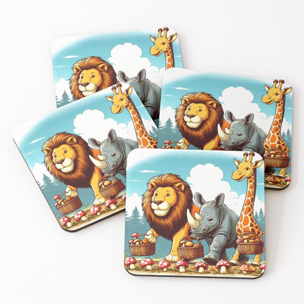 Item preview, Unexpected Foragers: A Lion, Rhinoceros, and Giraffe Harvest Mushrooms designed and sold by MyHappyArtShop.