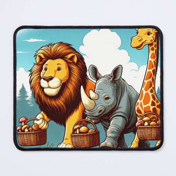 Item preview, Unexpected Foragers: A Lion, Rhinoceros, and Giraffe Harvest Mushrooms designed and sold by MyHappyArtShop.