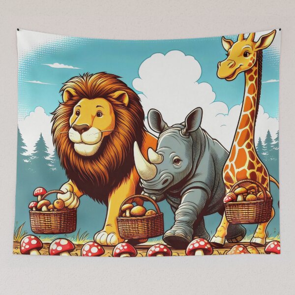 Item preview, Unexpected Foragers: A Lion, Rhinoceros, and Giraffe Harvest Mushrooms designed and sold by MyHappyArtShop.
