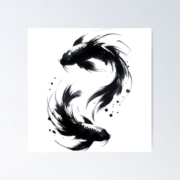 Aperçu de l'œuvre Sumie Brushstroke Deux Poisson Koi Noir Karasu créée et vendue par TomFrontierArt.