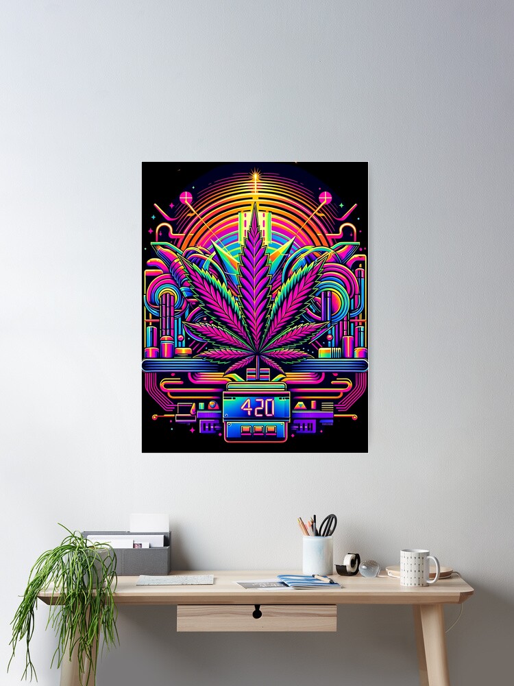 420 Cannabis Marijuana Sativa Synthwave Colorful Pot Leaf