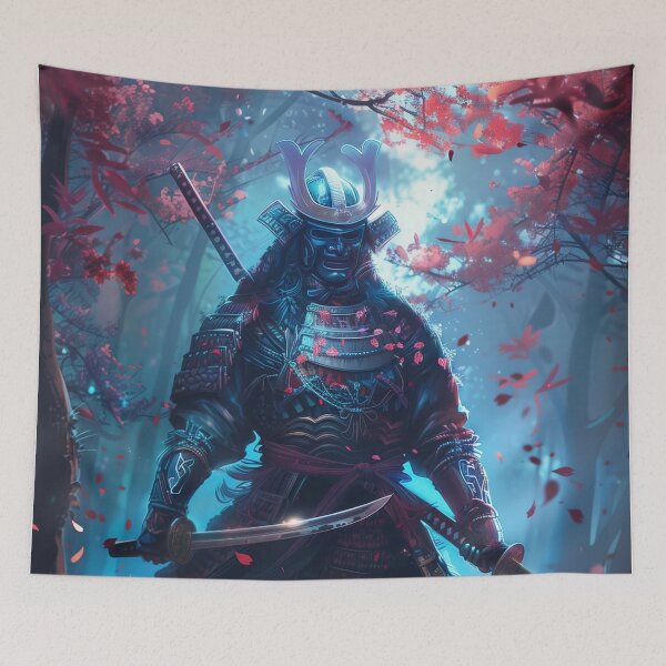 Item preview, Japanese Samurai in Traditional Armor Wielding Sword in Fantasy Sakura Forest at Night designed and sold by Mullet Monkey.