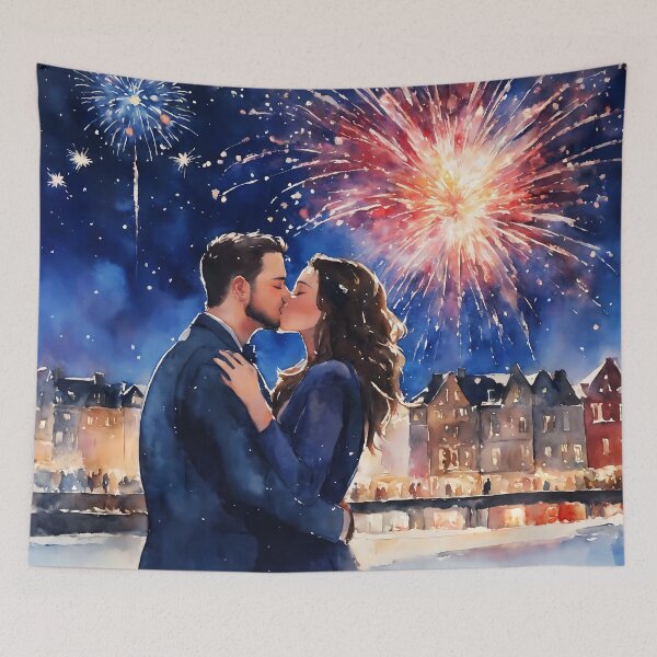 Item preview, couple kissing underneath fireworks designed and sold by soulfulpalette.