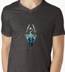 Skyrim Logo - Forest Scene Embossed in Granite Men's V-Neck T-Shirt
