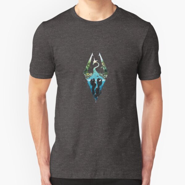 Skyrim Logo - Forest Scene Embossed in Granite Slim Fit T-Shirt