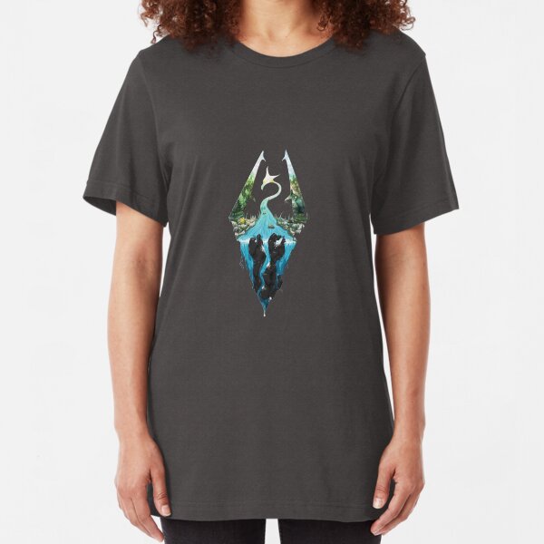 Skyrim Logo - Forest Scene Embossed in Granite Slim Fit T-Shirt