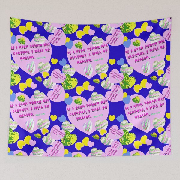 Item preview, Healing - Bible Verse, Mark 5:28 / Pink Green Yellow Blue  hearts on Blue Background designed and sold by Victoria Rose.