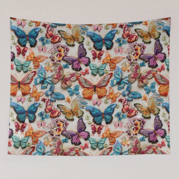 Item preview,  Embroidery with butterflies on white fabric. Thread embroidery on fabric. Beautiful colorful butterflies. designed and sold by SculpterioShop.