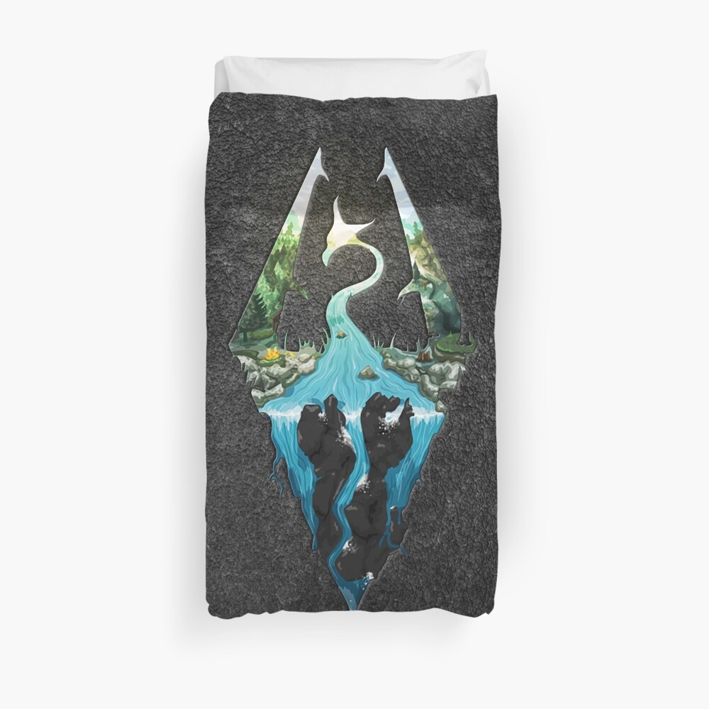 Skyrim Logo - Forest Scene Embossed in Granite Duvet Cover