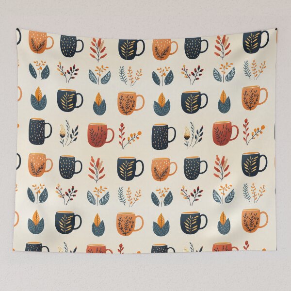 Item preview,  Cozy autumn pattern with cups and dried plants. Warm pastel pattern, autumn atmosphere with cups of hot drinks and autumn plants. designed and sold by SculpterioShop.