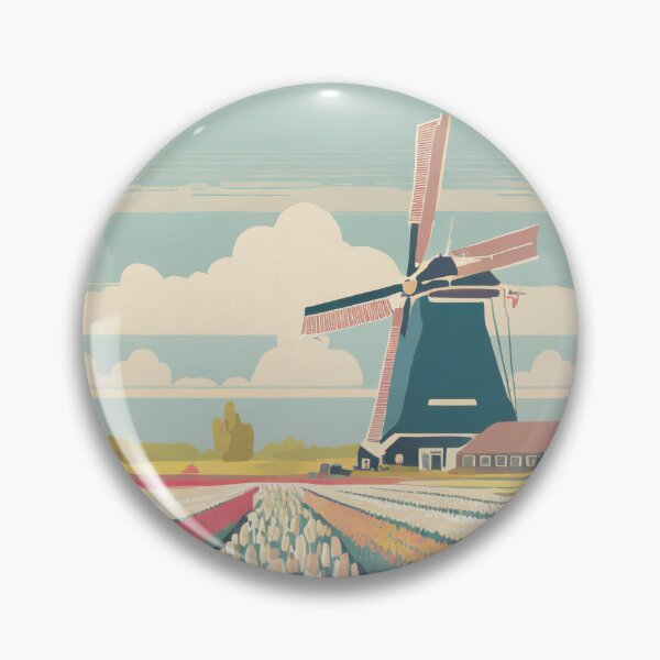 Artikelvorschau, Vintage-Reiseplakat - Minimalistische Tulpenfelder und Windmühle, Niederlande entworfen und verkauft von pod24.