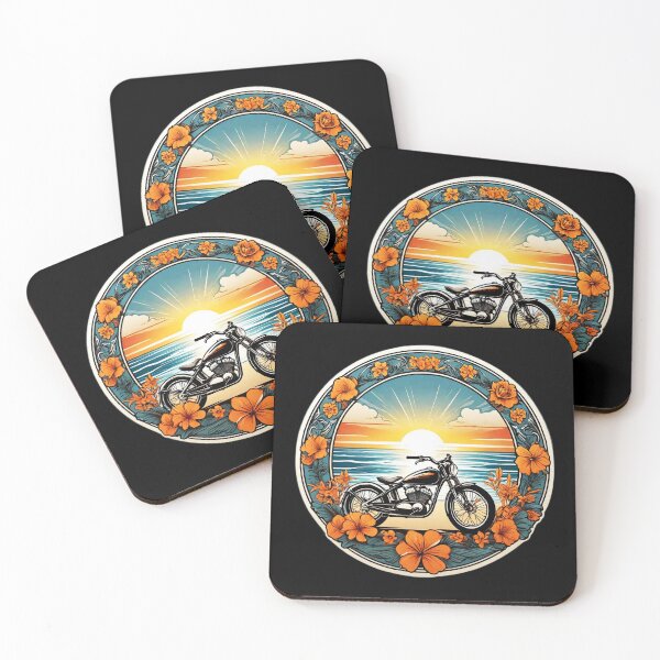 Artikelvorschau, Oldtimer-Motorrad bei Sonnenuntergang an einem hawaiianischen Strand mit Orchideen entworfen und verkauft von NautiChic.