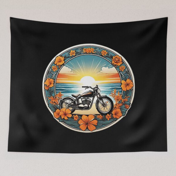 Item preview, Vintage Motorcycle at Sunset on a Hawaiian Beach with Orchids designed and sold by NautiChic.