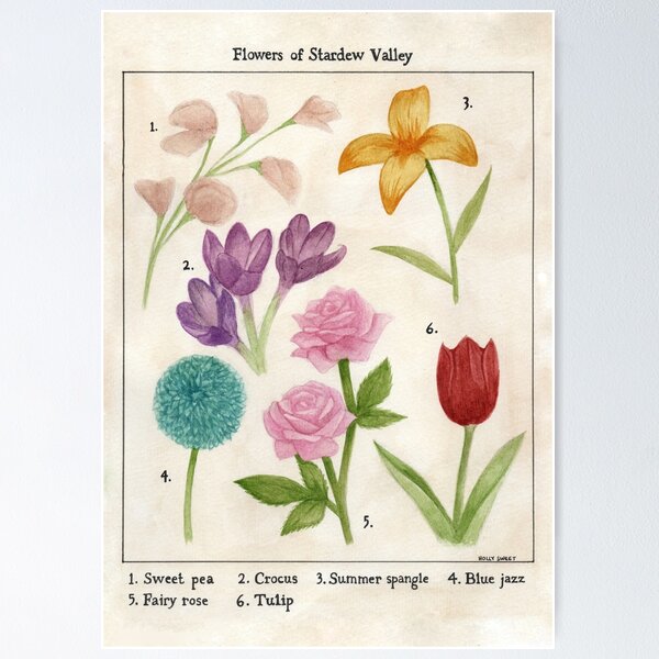 Item preview, Flowers of Stardew Valley flora and fauna print designed and sold by hollyisnotanart.
