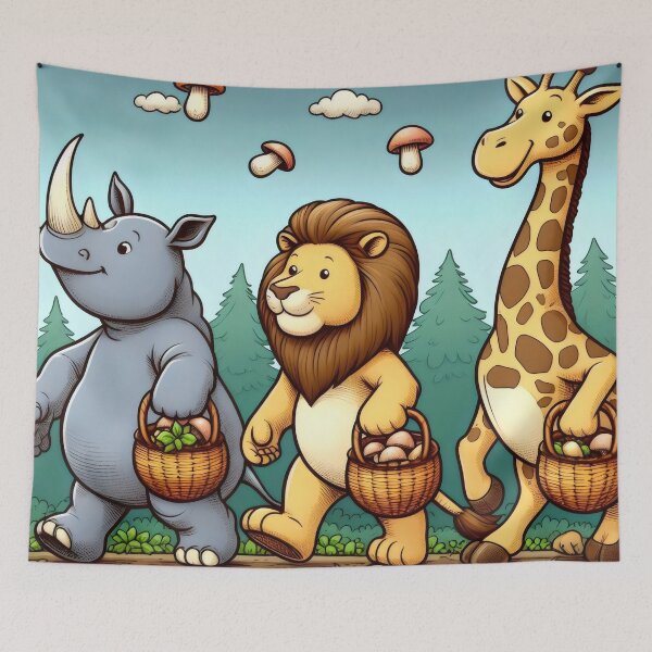 Item preview, A lion, a rhinoceros and a giraffe return from mushroom picking. designed and sold by MyHappyArtShop.