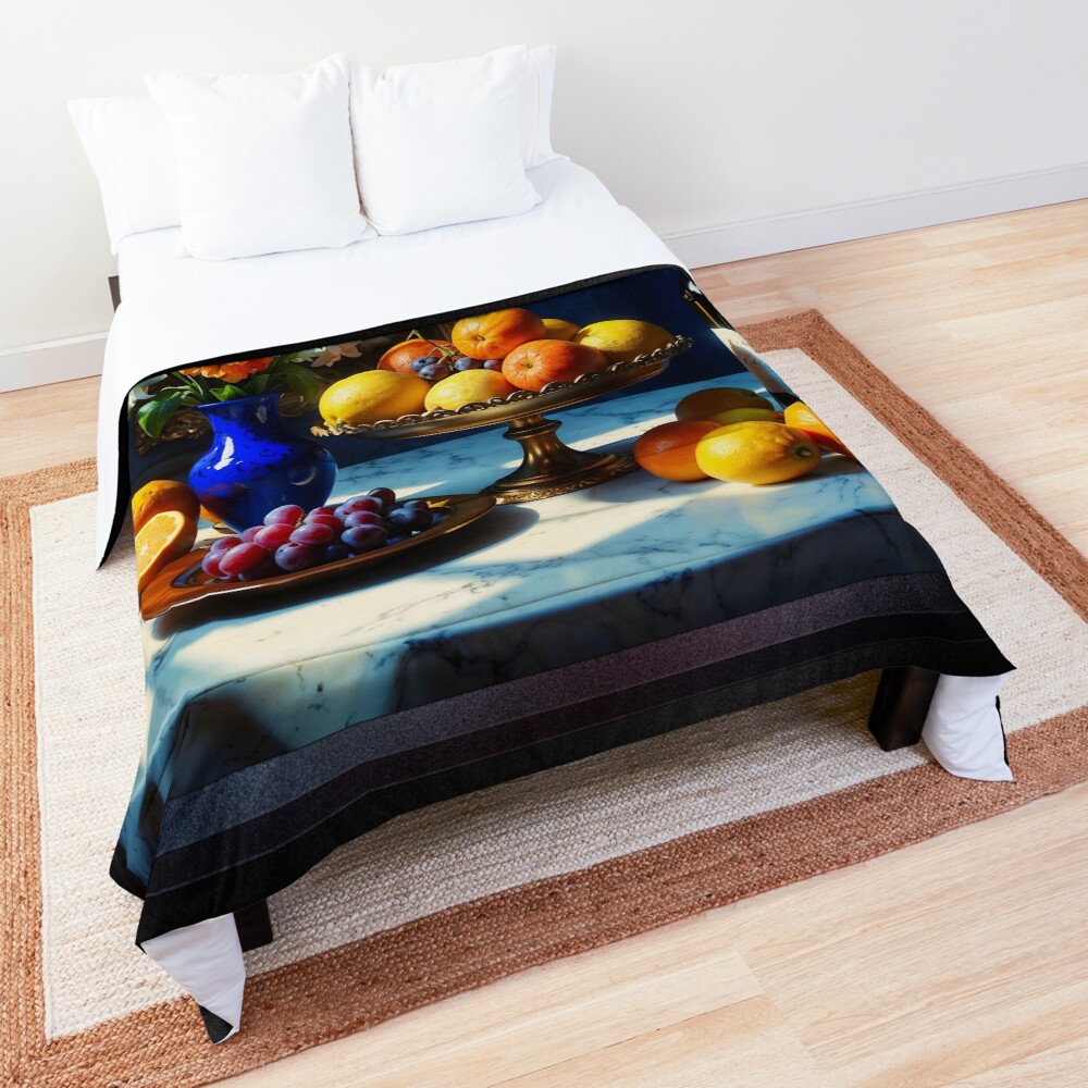 Still Life Of Fruits and Flowers At Dawn AI Concept Art by Xzendo7 - Natures Beauty Captured 3 Still Life Of Fruits and Flowers At Dawn Enchanting AI Concept Art by Xzendor7 Decorative Comforter