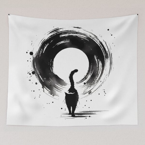 Item preview, Sumie Enso Circle Japanese Brushstroke Black Cat designed and sold by TomFrontierArt.