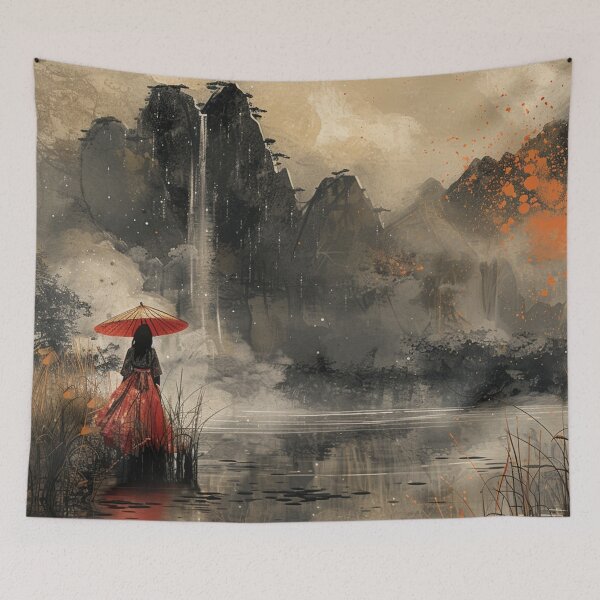 Item preview, Traditional Chinese Landscape Watercolor Painting Umbrella Kimono Geisha designed and sold by Nightarcade.