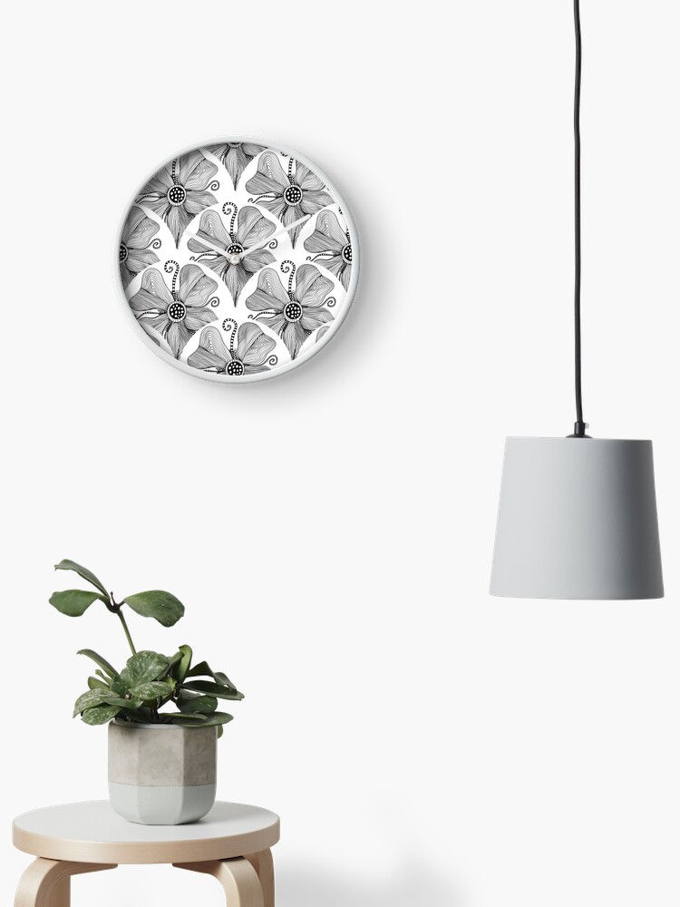 Clock, Monochrome Topography Flower Tangle Art Deco Scallop designed and sold by Triplicate Limited