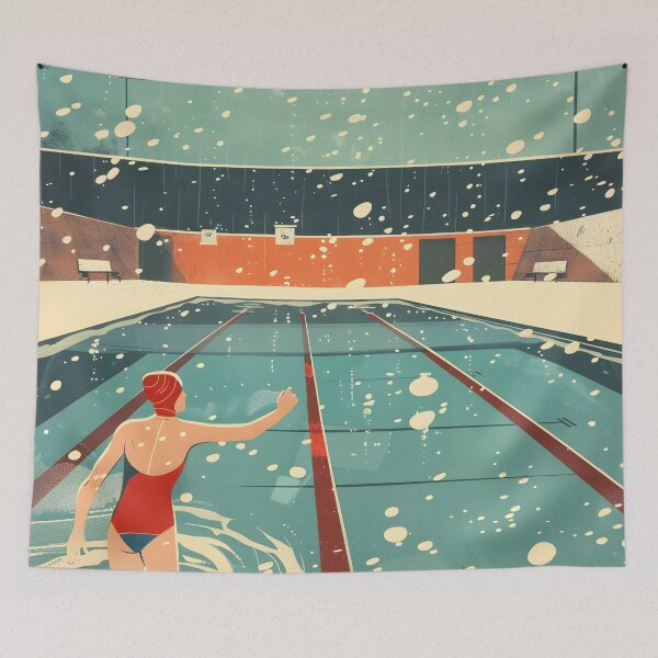 Item preview, Winter swimming outside in the pool while snowing - retro  designed and sold by Wildflow Creations.