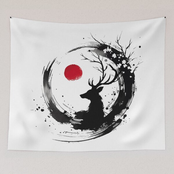 Item preview, Sumie Enso Japanese Brushstroke Floral Deer Antlers designed and sold by TomFrontierArt.