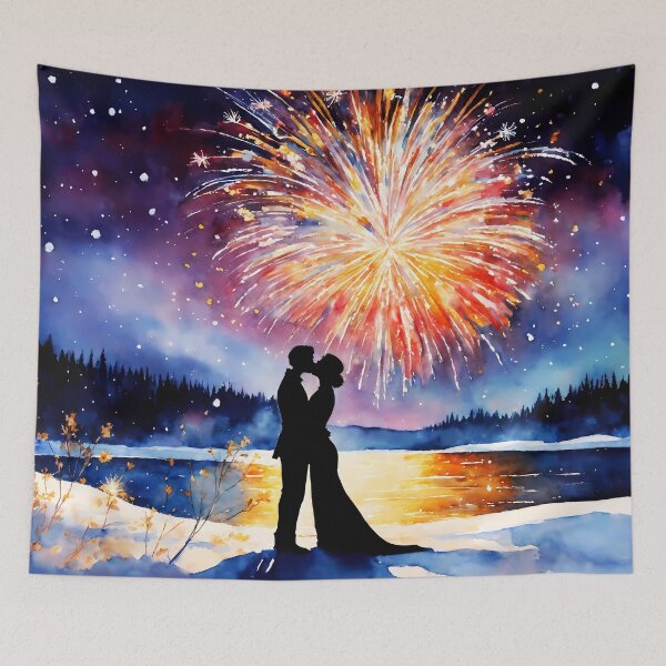 Item preview, couple kissing underneath fireworks designed and sold by soulfulpalette.