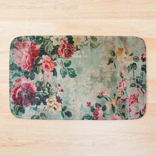 Item preview, Hues of Red Yellow and Teal, Shabby Chic Antique Style Moody Floral Rug designed and sold by AmandaArcane.