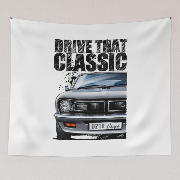 Item preview, Drive That Classic featuring the Iconic Datsun B210 in silver. (light coloured background) designed and sold by Petrolhead T-Shirts and Art.