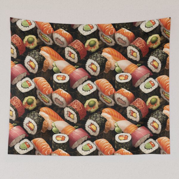 Item preview,  Pattern with appetizing sushi. Rolls with rice and fish. Stylized Japanese sushi. designed and sold by SculpterioShop.