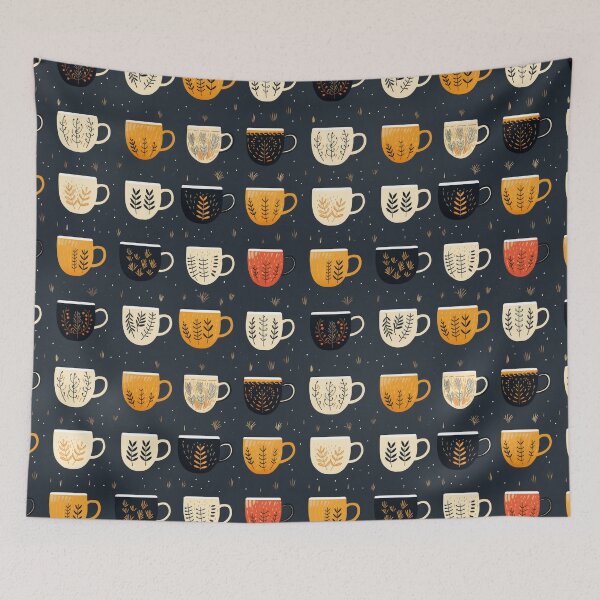 Item preview, Cozy autumn pattern with cups and dried plants on dark background. Warm pastel pattern, autumn atmosphere with cups of hot drinks and autumn plants. designed and sold by SculpterioShop.