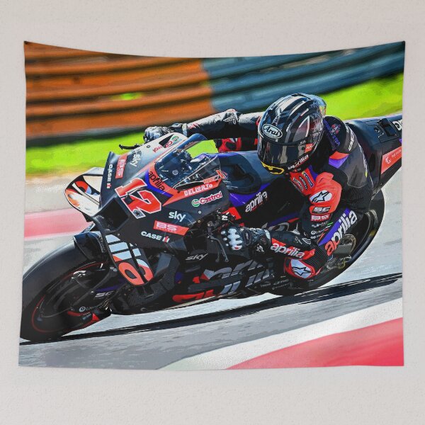 Item preview, Maverick Vinales racing in the corners on his 2024 MotoGP motorcycle abstract designed and sold by Rodissimus1984.