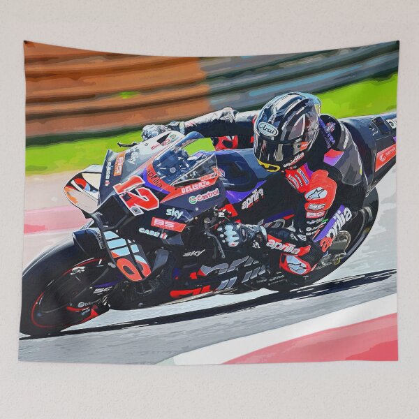 Item preview, Maverick Vinales racing in the corners on his 2024 MotoGP motorcycle watercolor designed and sold by Rodissimus1984.