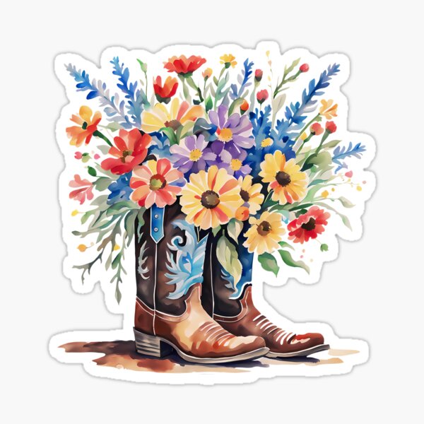 Cowboy texas boots with flowers, Watercolor floral boots Sticker