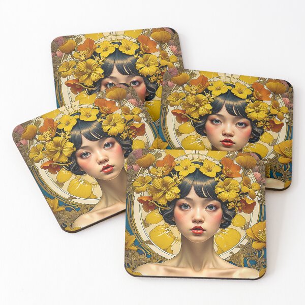 Artikelvorschau, Schönes asiatisches Mädchen | Goldene Blumen | Buntglasfenster | Jugendstil entworfen und verkauft von JackrabbitPub.