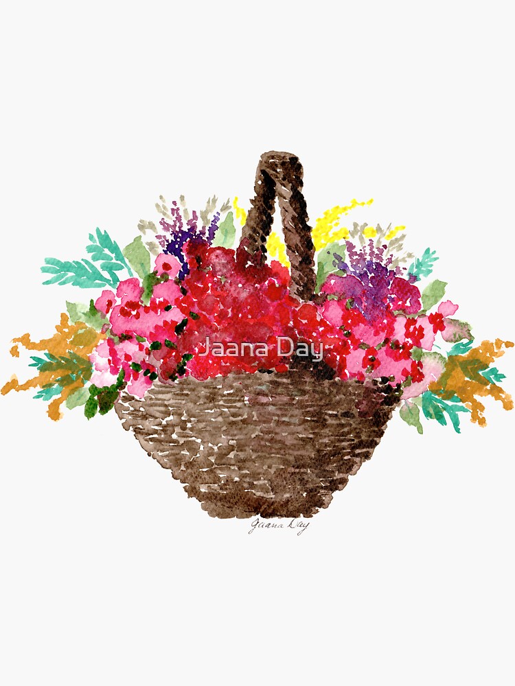 Thumbnail 3 of 3, Sticker, Basket full of Flowers Watercolour Painting designed and sold by JaanaDay.