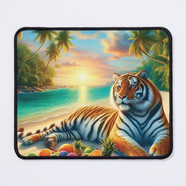 Item preview, Tigers sunbathe in the morning on the river bank, with fruit in front designed and sold by Oddly Yours Goods.