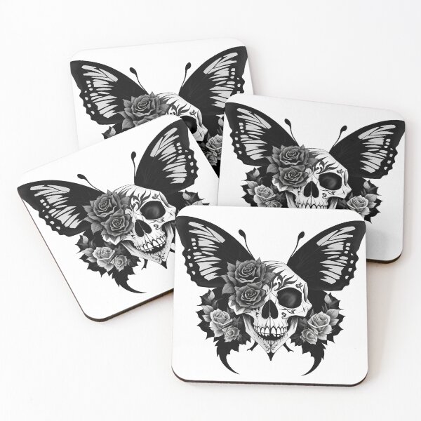 Item preview, Skull Butterfly with roses Concept Art (Black and White) Version 02 designed and sold by Scarlet Swan.