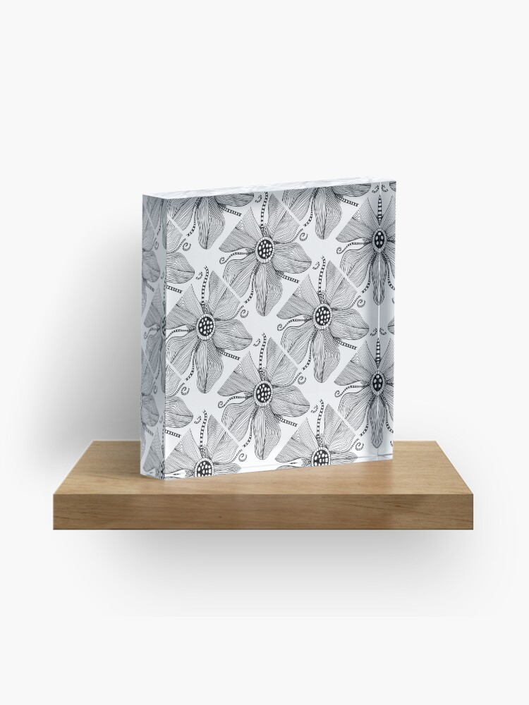 Acrylic Block, Monochrome Topography Flower Tangle Diamond Tile designed and sold by Triplicate Limited
