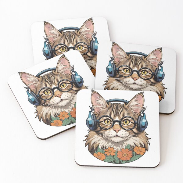 Item preview, Cat with glasses and headphones,  flower-power  designed and sold by laura-in-rome.