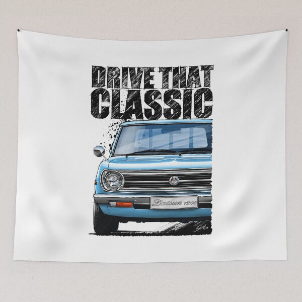 Item preview, Drive That Classic featuring the Iconic Datsun 1200 in light blue. (light coloured background) designed and sold by Petrolhead T-Shirts and Art.
