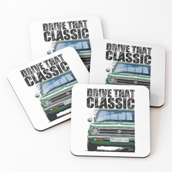 Item preview, Drive That Classic featuring the Iconic Datsun 1200 in green. (light coloured background) designed and sold by Petrolhead T-Shirts and Art.