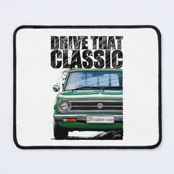 Item preview, Drive That Classic featuring the Iconic Datsun 1200 in green. (light coloured background) designed and sold by Petrolhead T-Shirts and Art.
