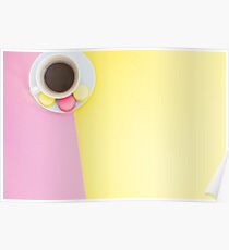 Flat lay of coffee cup with macaroons Poster