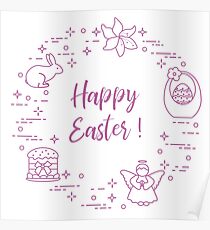 Easter cake, basket, eggs, rabbit, flowers, angel. Poster