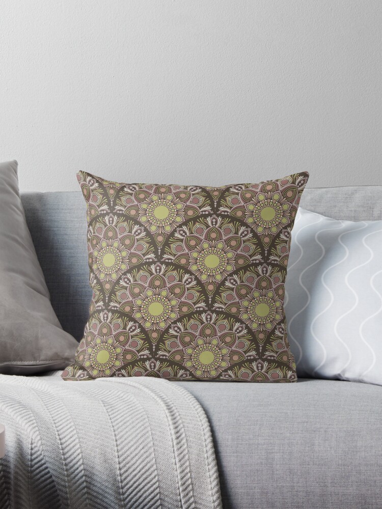 Pillow, Warm Neutrals Pistachio Biscotti Dot Mandala Art Deco Scallop designed and sold by Triplicate Limited