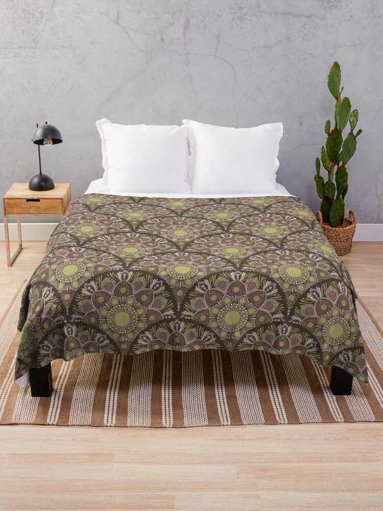 Throw Blanket, Warm Neutrals Pistachio Biscotti Dot Mandala Art Deco Scallop designed and sold by Triplicate Limited