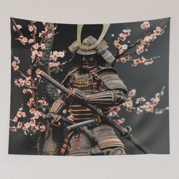 Item preview, Silent Strength: Miniature of a Samurai Warrior in Classic Armor Surrounded by Cherry Blossoms designed and sold by Mullet Monkey.