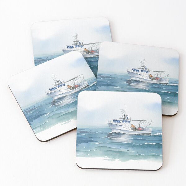 Item preview, A serene watercolor scene depicts a boat braving the waves, with two figures aboard amidst a cloudy backdrop designed and sold by homydesign.